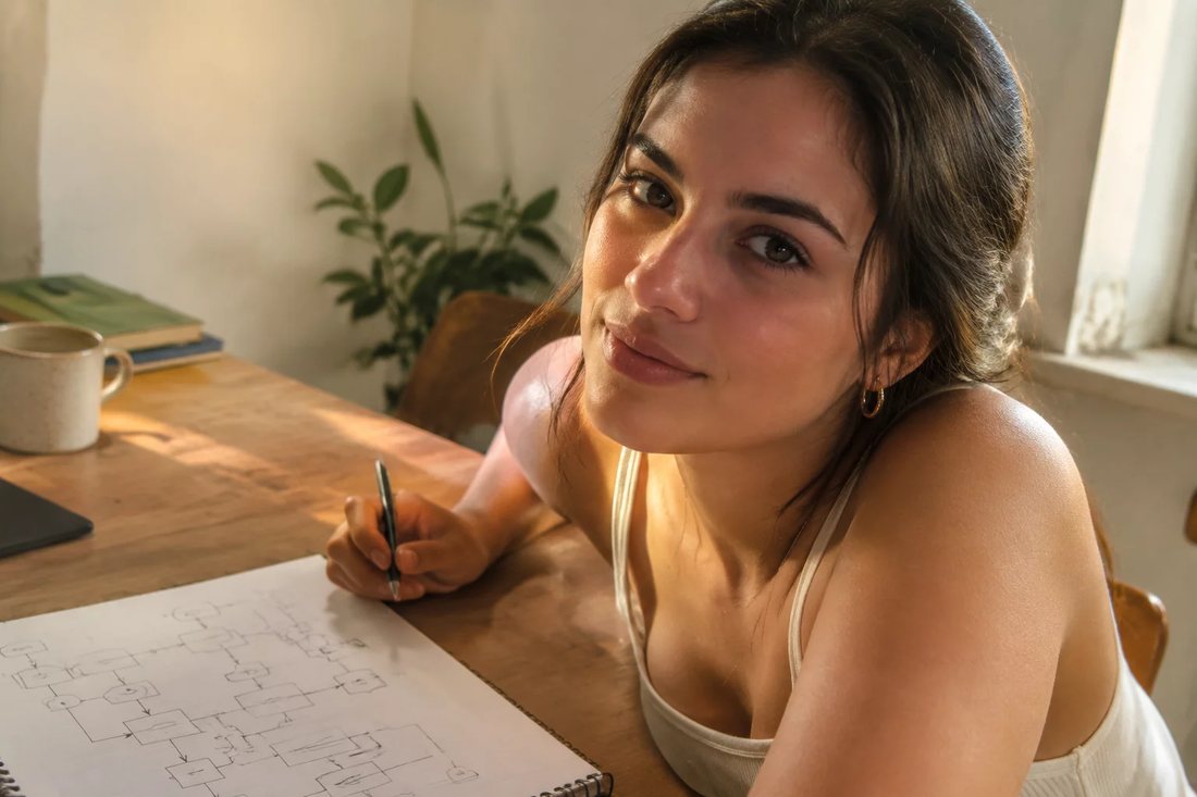 Dois participantes desenham a caneta o encadeamento de um argumento numa folha quadriculada